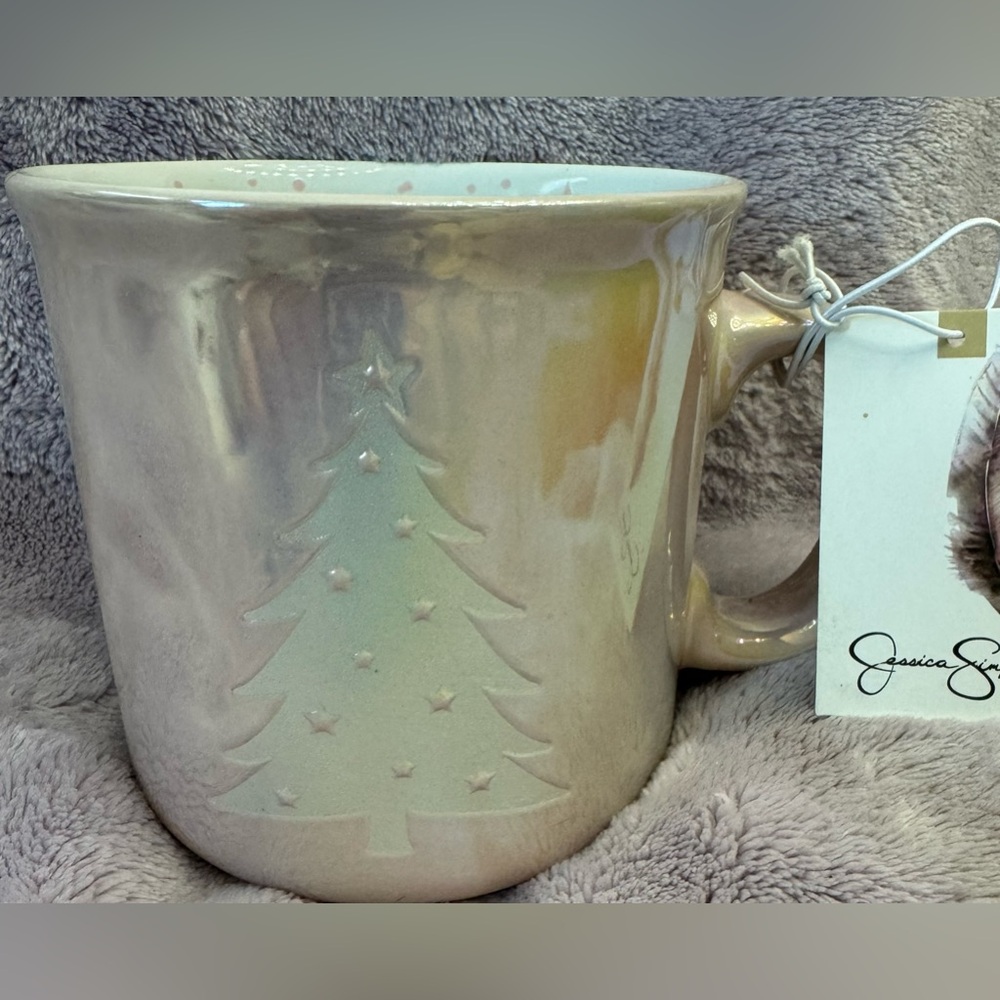 PINK IRIDESCENT CHRISTMAS HOLIDAY COFFEE MUG W/DUAL SIDED TREES JESSICA SIMPSON